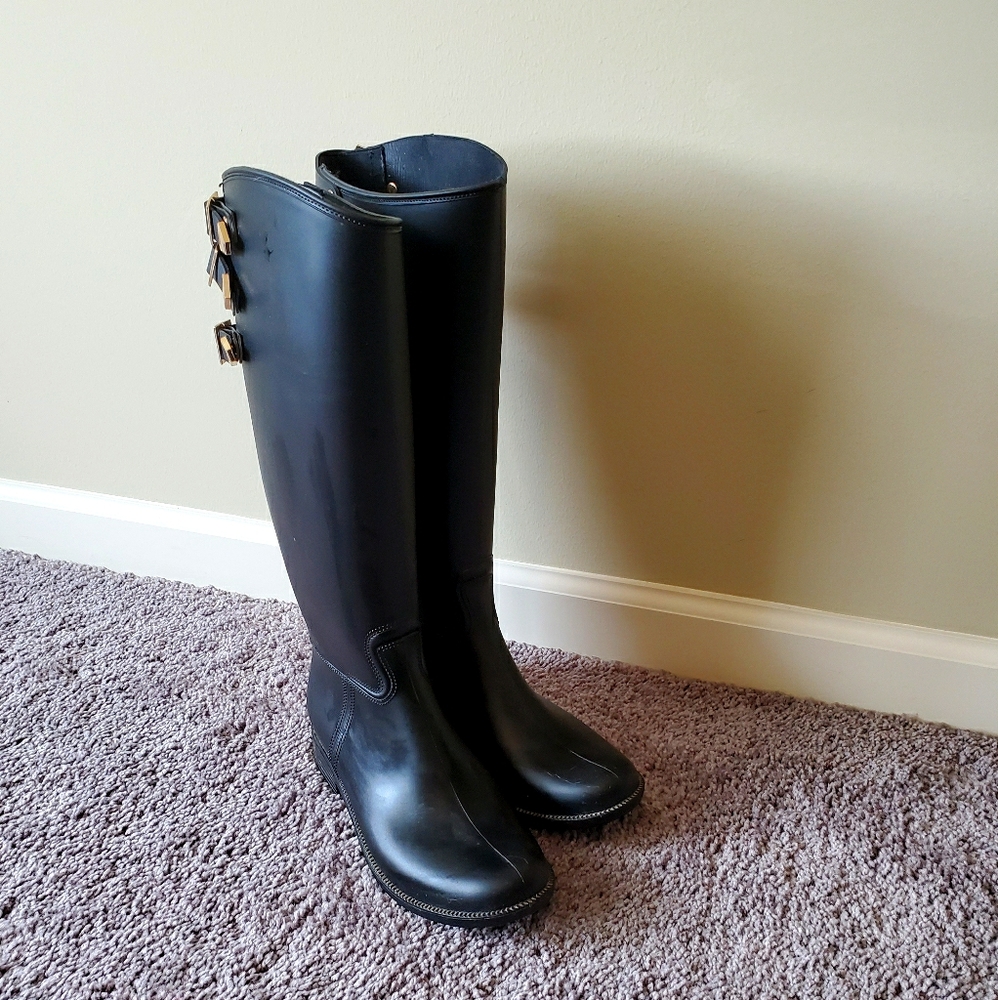 Tall black boots with gold buckle accent sz 7